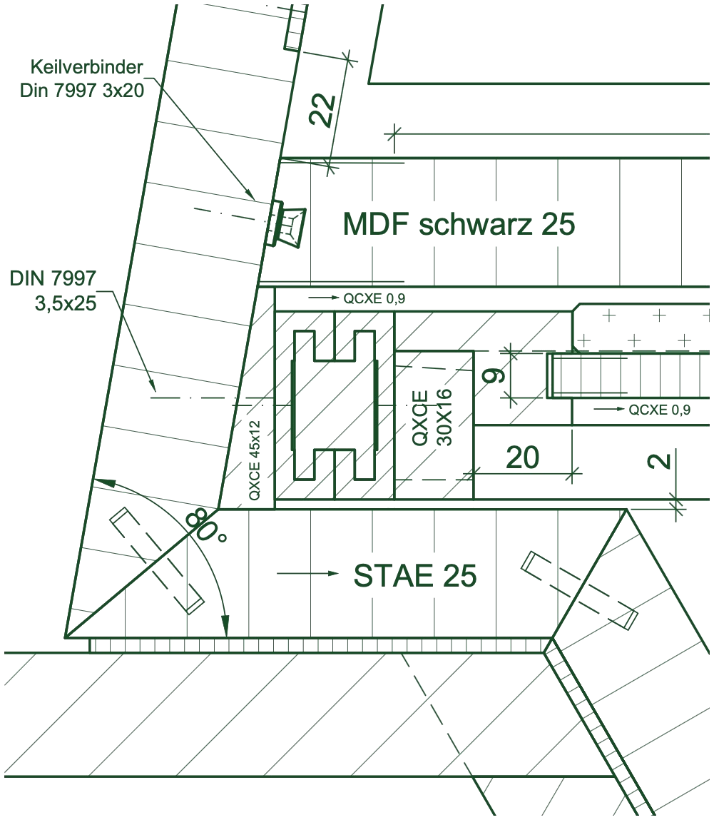 Technische Zeichnung: Detailschnitt mit Schraffur und Bemaßung, Keilverbinder DIN 7997, MDF und Stäbchenplatte
