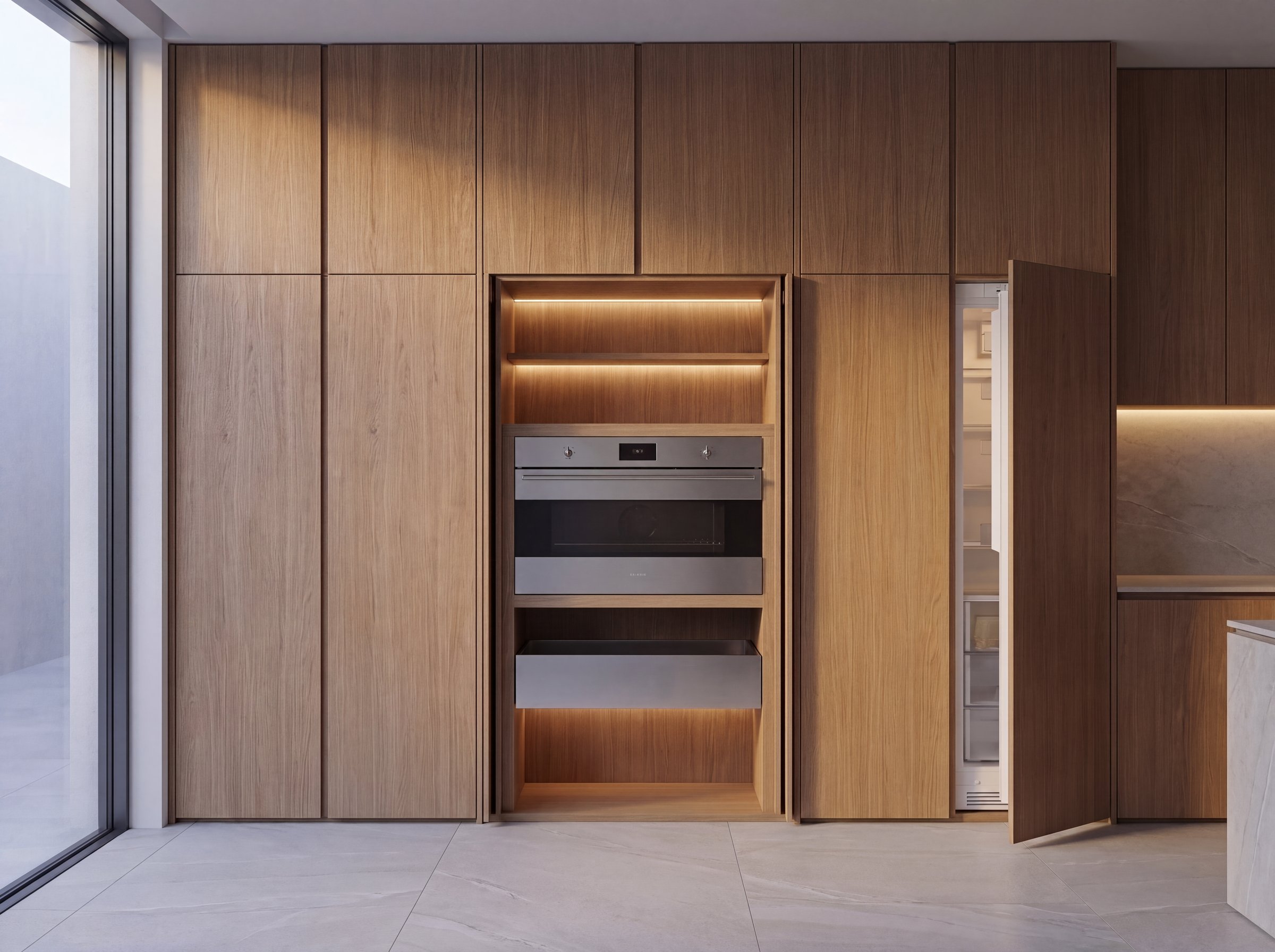 Musterprojekt: Hochschrankzeile mit Pocket Doors, geöffnet mit Backofen und Wärmeschublade